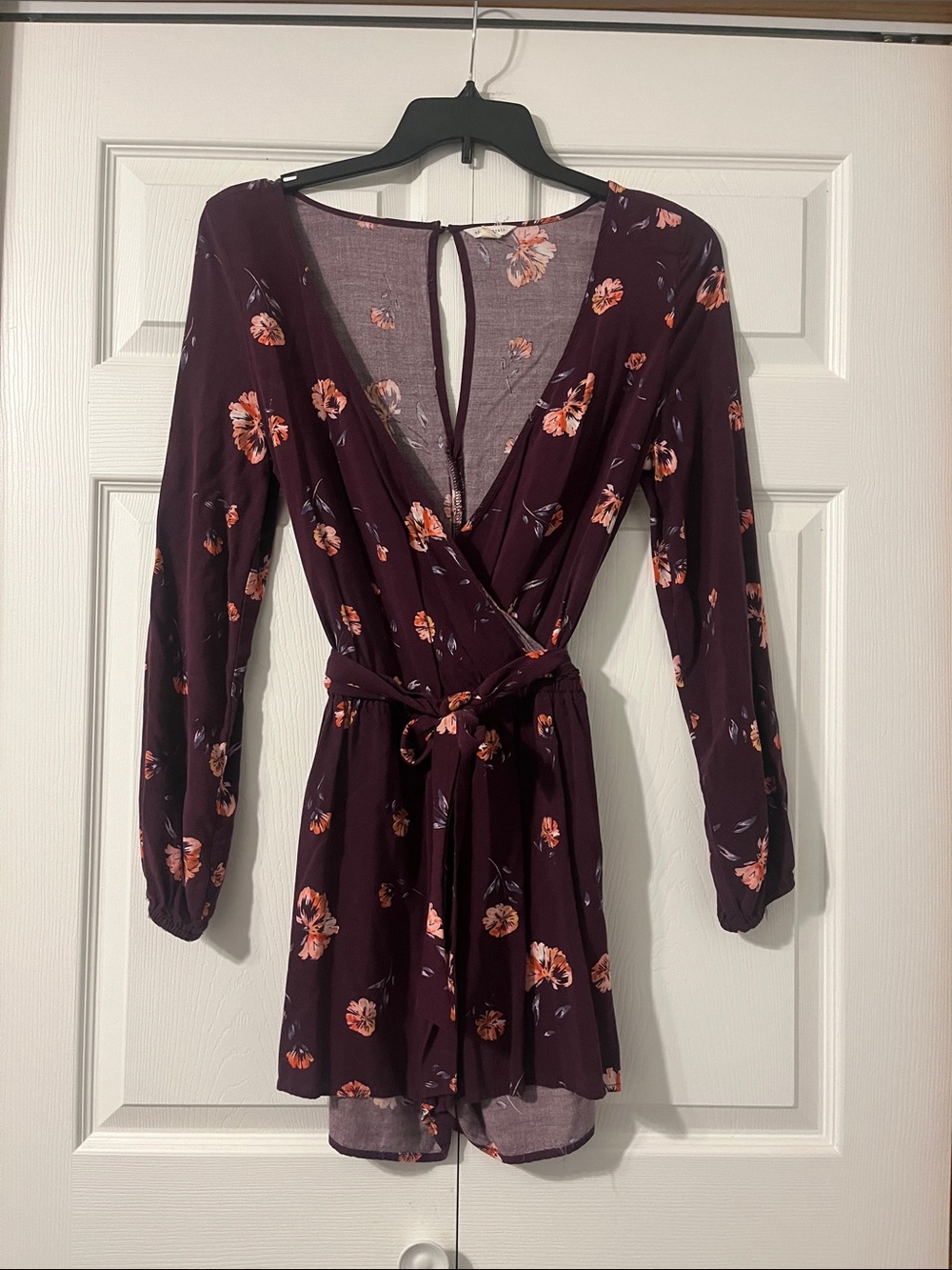 Plum Floral Wrap Long-Sleeve Romper with Tie Waist